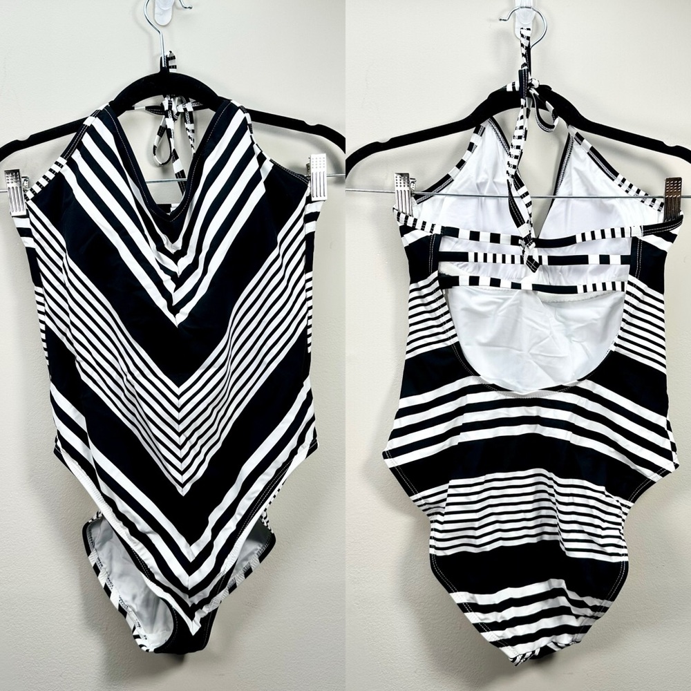 La Blanca Fine Line Halter, Black and White Chevron One-Piece Swimsuit - Picture 9 of 16